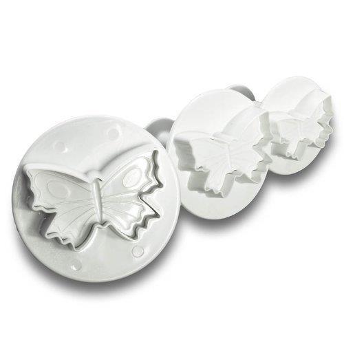 White plastic plunger cutter with butterfly design on a white background