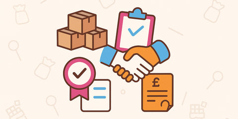 Illustration of a handshake, boxes, and checkmarks on a beige background. Represent open a trade account with Yolli