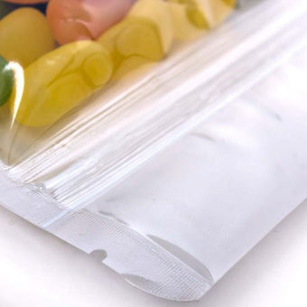 Clear plastic bag with a white zipper on a white background